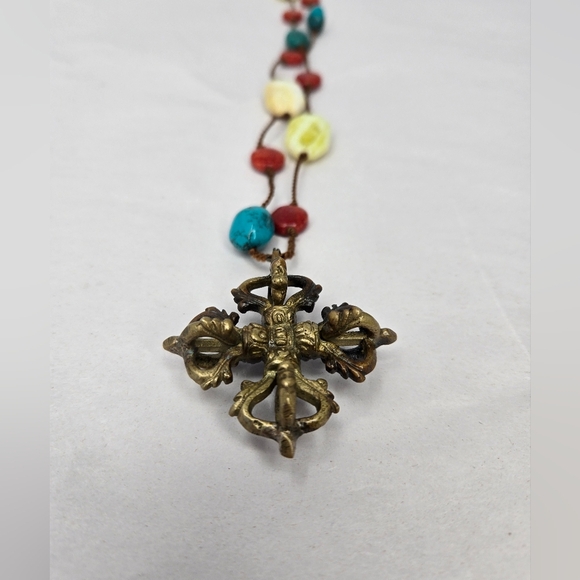 Vintage Turquoise,lemon Jasper & Red Quartz Bronze Pendant Necklace Hand Knotted - Picture 6 of 11